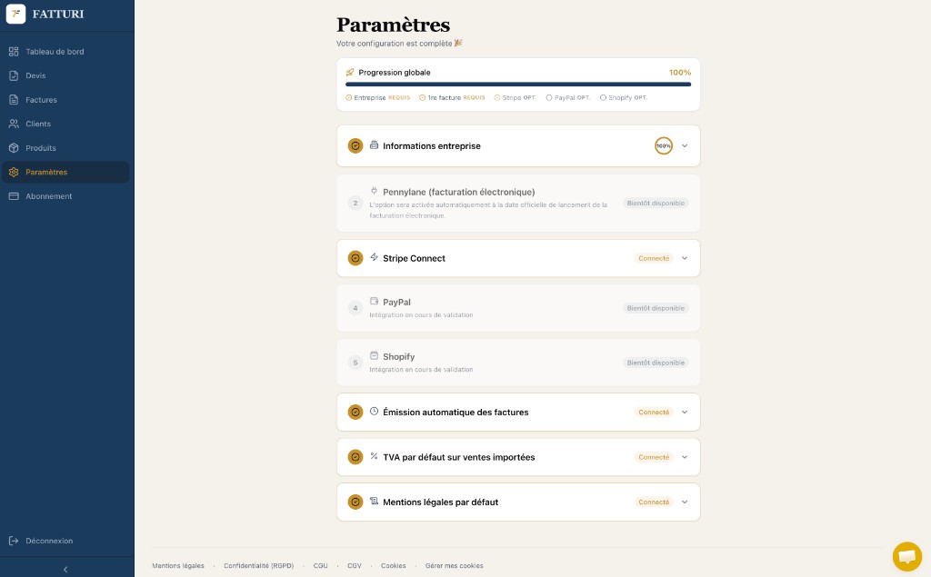 Paramètres Fatturi : progression globale, Entreprise requis, Stripe optionnel