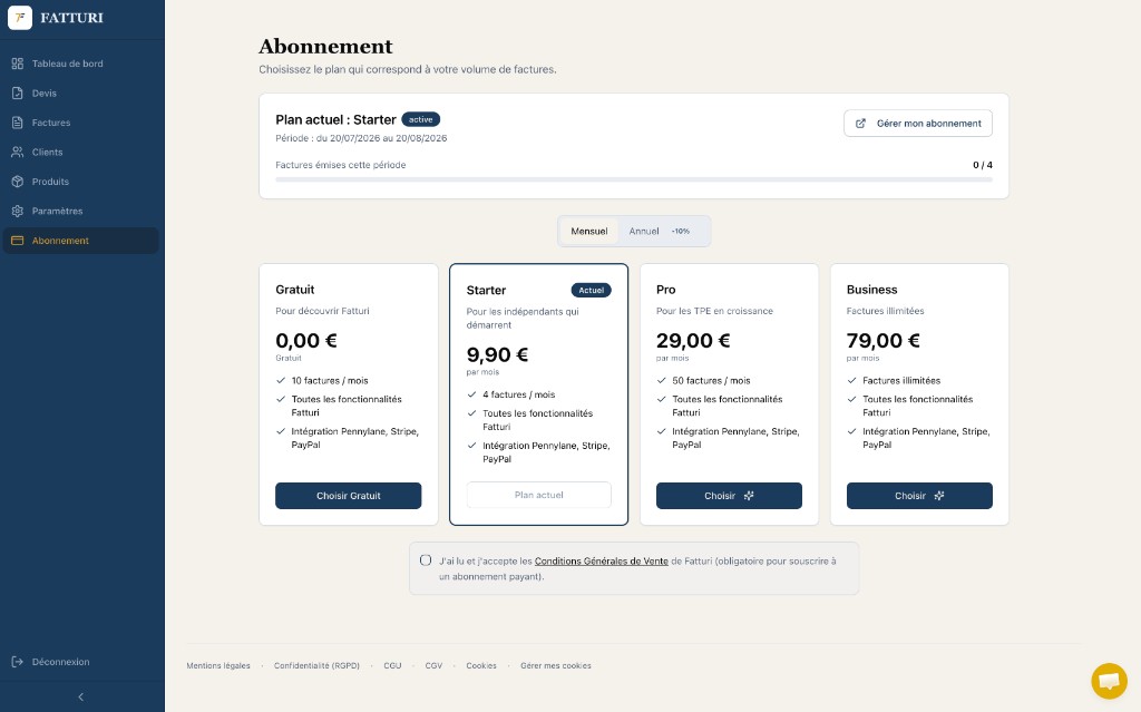 Écran Abonnement Fatturi : plans Gratuit, Starter, Pro et Business